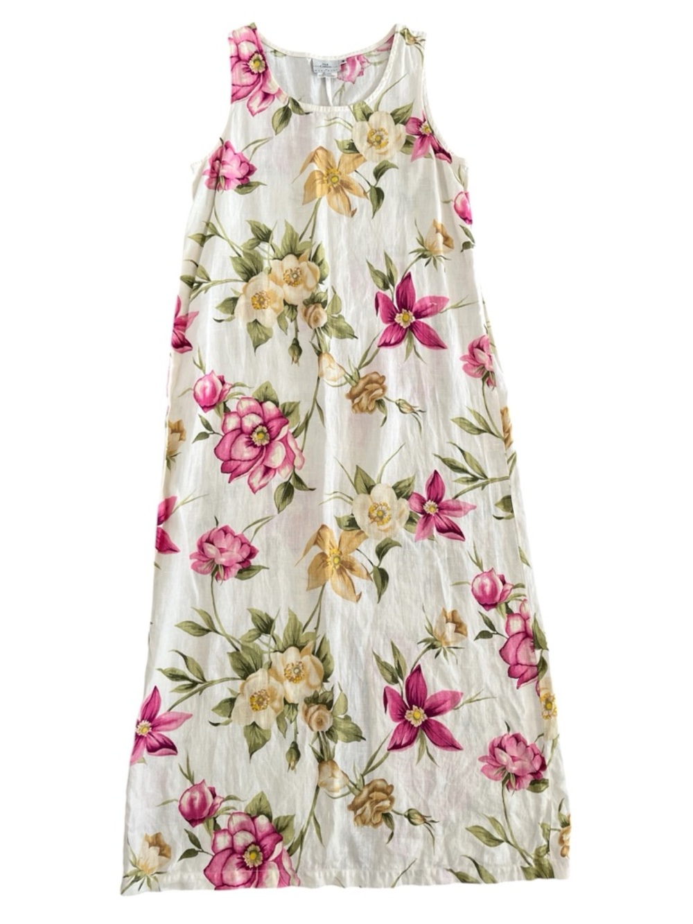 Hot Cotton 100% Linen Floral Sleeveless Maxi Dress Pink Multi Cottagecore S - Picture 2 of 11